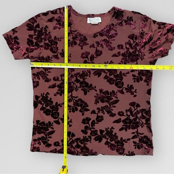 Vintage Velvet Floral Blouse, Large. Burgundy maroon semi sheer t-shirt top - Picture 9 of 13